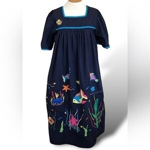 Vintage Smithsonian Institution Maxi Dress MuMu Embroidered Sea Life Coral Motif